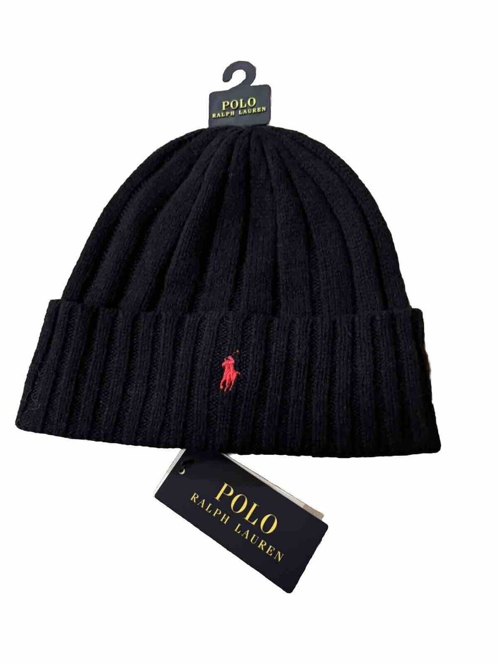 NEW Polo Ralph Lauren Men's Navy Wool Blend Ribbed Cuff Knit Beanie Hat Red Logo